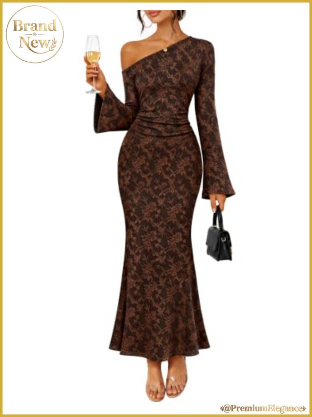 Lace Off Shoulder Bell Sleeve Bodycon Maxi Dress Wedding Guest Cocktail